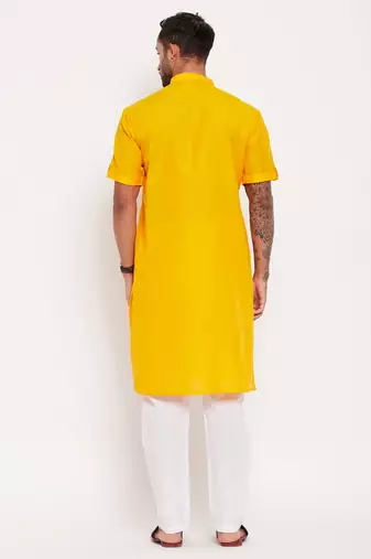 Mustard And White Cotton Kurta Pyjama Set