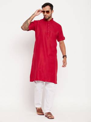 Maroon And White Cotton Kurta Pyjama Set 1