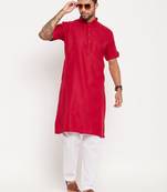 Maroon And White Cotton Kurta Pyjama Set