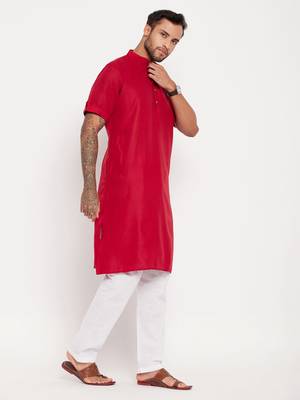 Maroon And White Cotton Kurta Pyjama Set 2