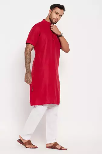 Maroon And White Cotton Kurta Pyjama Set