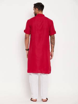 Maroon And White Cotton Kurta Pyjama Set 3