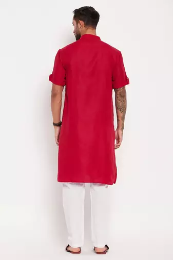 Maroon And White Cotton Kurta Pyjama Set