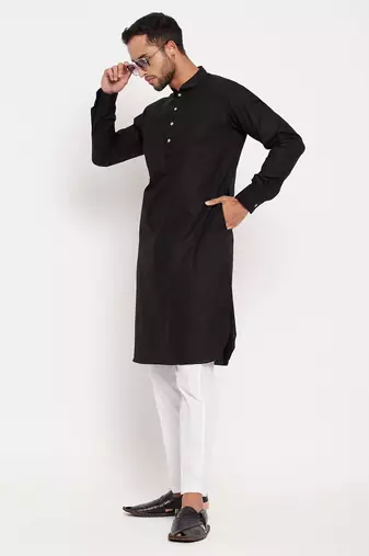 Black And White Cotton Blend Kurta Pyjama Set