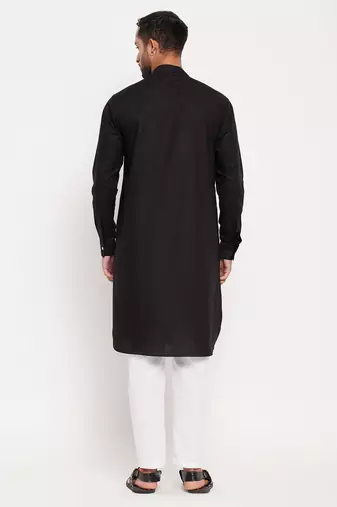 Black And White Cotton Blend Kurta Pyjama Set