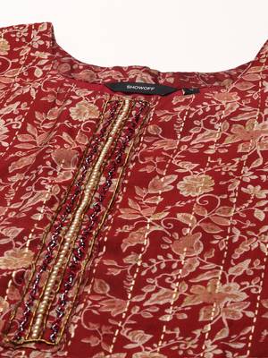 women's scoop neck floral block print maroon straight kurta and trouser 2