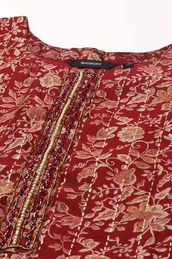 women's scoop neck floral block print maroon straight kurta and trouser