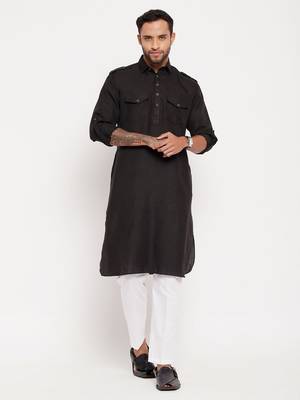 Black And White Cotton Blend Kurta Pyjama Set 1