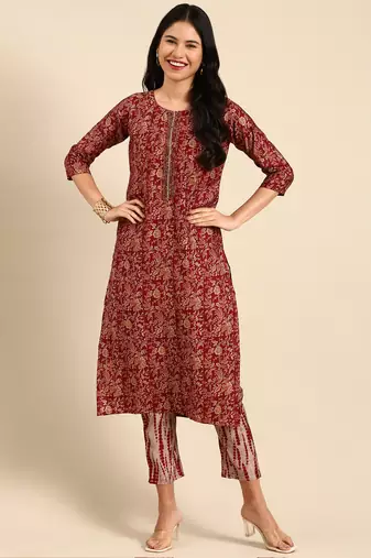 women's scoop neck floral block print maroon straight kurta and trouser