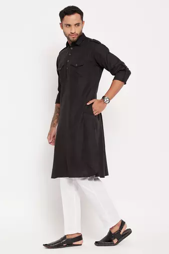 Black And White Cotton Blend Kurta Pyjama Set
