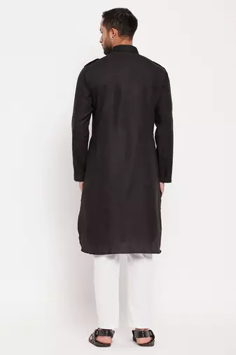 Black And White Cotton Blend Kurta Pyjama Set