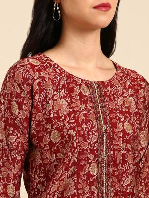 women's scoop neck floral block print maroon straight kurta and trouser 5