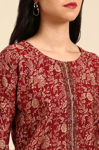 women's scoop neck floral block print maroon straight kurta and trouser