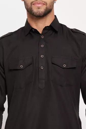 Black And White Cotton Blend Kurta Pyjama Set
