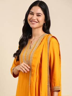 women's v-neck solid yellow straight kurta and trouser with dupatta 1