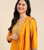 women's v-neck solid yellow straight kurta and trouser with dupatta