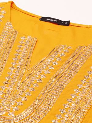 women's v-neck solid yellow straight kurta and trouser with dupatta 2