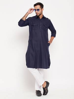 Blue And White Cotton Blend Kurta Pyjama Set 1