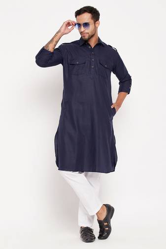 Men'S Blue And White Cotton Blend Kurta Pyjama Set