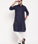 Blue And White Cotton Blend Kurta Pyjama Set