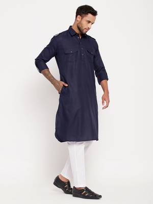 Blue And White Cotton Blend Kurta Pyjama Set 2