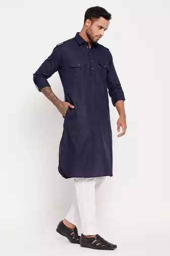 Blue And White Cotton Blend Kurta Pyjama Set