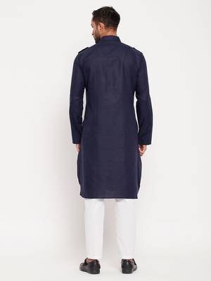 Blue And White Cotton Blend Kurta Pyjama Set 3