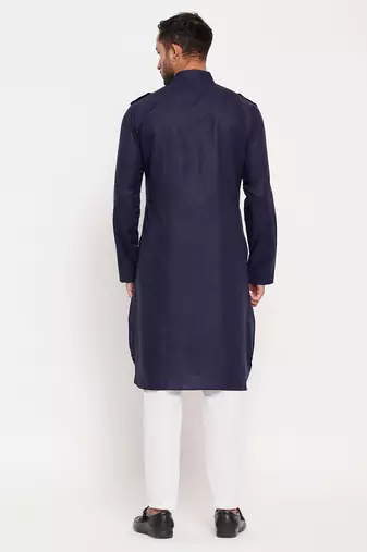 Blue And White Cotton Blend Kurta Pyjama Set