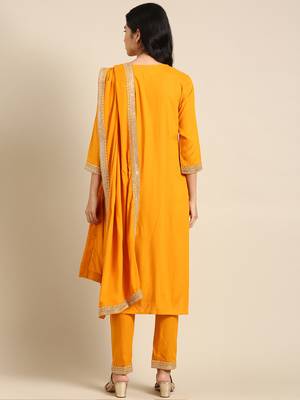 women's v-neck solid yellow straight kurta and trouser with dupatta 4