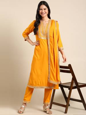 women's v-neck solid yellow straight kurta and trouser with dupatta 5