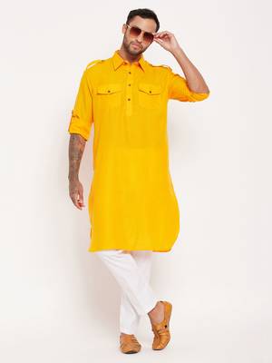 Mustard And White Cotton Blend Kurta Pyjama Set 1