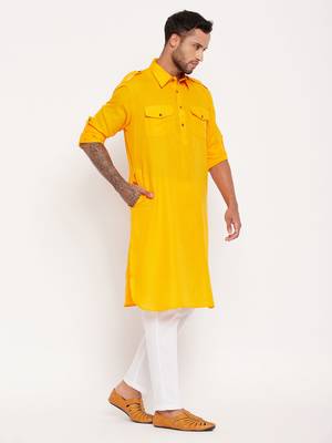 Mustard And White Cotton Blend Kurta Pyjama Set 2