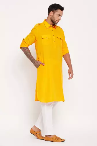 Mustard And White Cotton Blend Kurta Pyjama Set