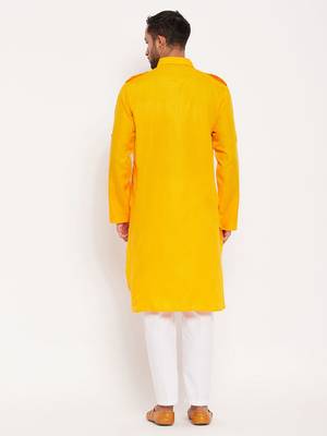 Mustard And White Cotton Blend Kurta Pyjama Set 3