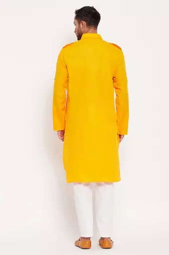 Mustard And White Cotton Blend Kurta Pyjama Set