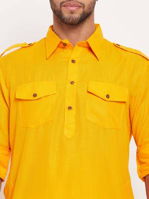 Mustard And White Cotton Blend Kurta Pyjama Set 4