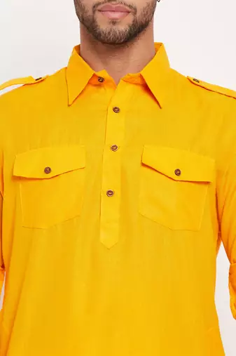 Mustard And White Cotton Blend Kurta Pyjama Set