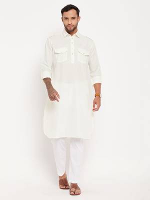 Cream And White Cotton Blend Kurta Pyjama Set 1