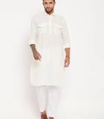 Cream And White Cotton Blend Kurta Pyjama Set