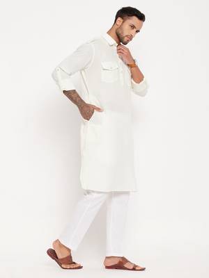 Cream And White Cotton Blend Kurta Pyjama Set 2