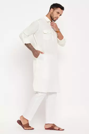 Cream And White Cotton Blend Kurta Pyjama Set