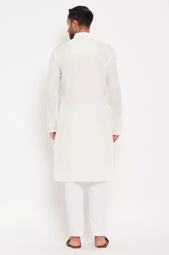 Cream And White Cotton Blend Kurta Pyjama Set