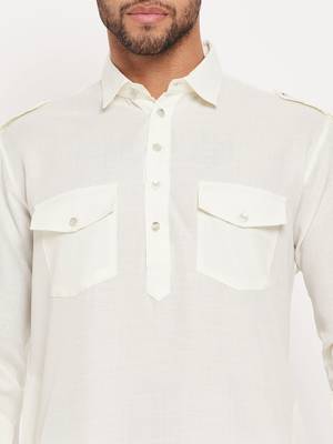 Cream And White Cotton Blend Kurta Pyjama Set 4