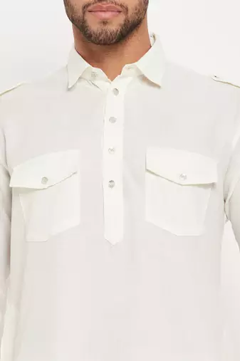 Cream And White Cotton Blend Kurta Pyjama Set