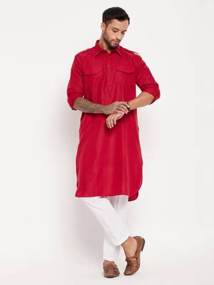 Maroon And White Cotton Blend Kurta Pyjama Set 1