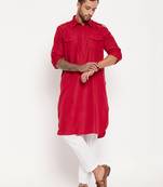 Maroon And White Cotton Blend Kurta Pyjama Set