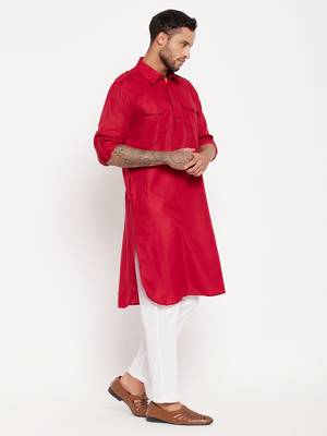 Maroon And White Cotton Blend Kurta Pyjama Set 2