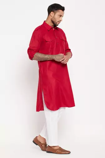 Maroon And White Cotton Blend Kurta Pyjama Set