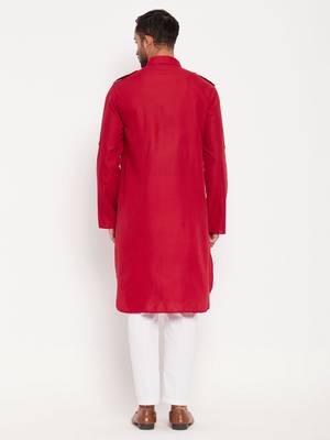 Maroon And White Cotton Blend Kurta Pyjama Set 3