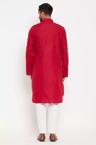 Maroon And White Cotton Blend Kurta Pyjama Set